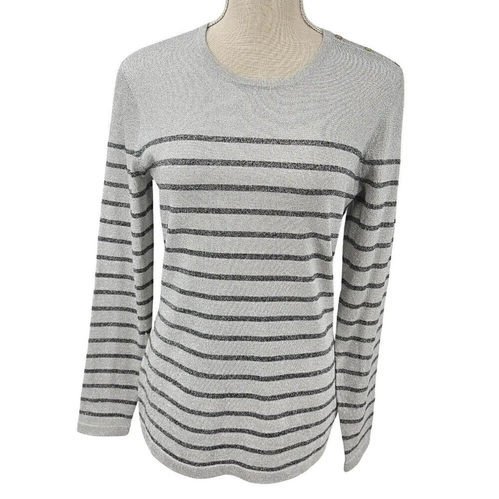 J. McLaughlin Ginger Metallic Stripe Sweater Silver Women’s Size S Preppy Party